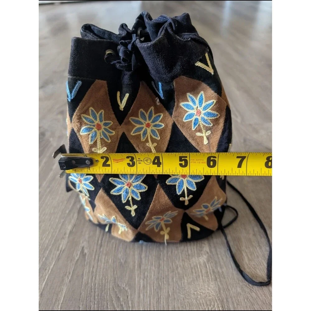 Embroidered Drawstring Suede Floral Bucket Bag - Black & Brown with Blue Flowers